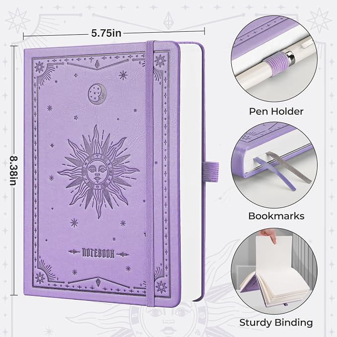 EMSHOI Blank Journal Notebook, 320 Pages, A5 Size (5.7'' x 8.3'') | Leather Hardcover, 100 GSM Thick Paper, Unlined, Plain, for Sketching, Drawing, Painting, Sun Debossed (Light Purple)