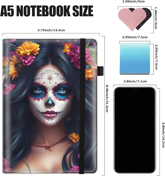 Hardcover Executive Notebooks, A5 PU Leather Lined Journal Notebook, 200 Pages Thick Paper Subject Notebooks for School,Work,Home Writing Business Notebook,Mexican Day of The Colorful Flower Girl
