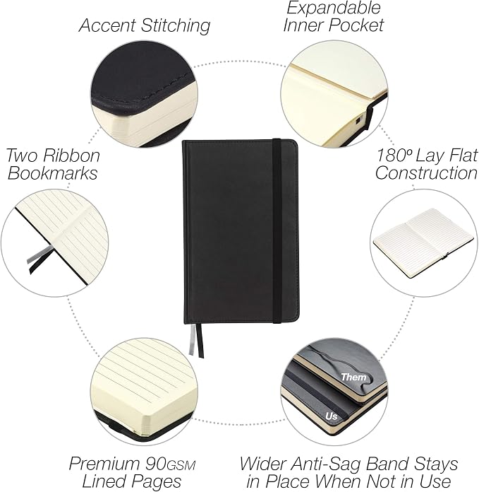 Samsill Classic Hardcover Notebook, 240 Lined Notebook Pages, Black, 5.25 x 8.25 Inch