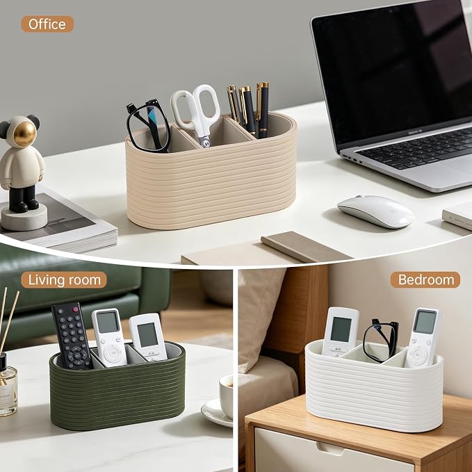 PU Leather Remote Control Holder, Modern Oval Pen Holder for Desk, 3-Compartment Desk Caddy for Remotes, Glasses, Pens, Small Desk Organizer for Nightstand, Coffee Table, Office (Beige)