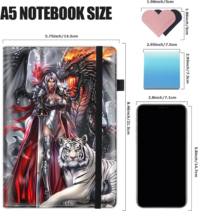 Hardcover Executive Notebooks, A5 PU Leather Lined Journal Notebook, 200 Pages Thick Paper Subject Notebooks for School,Work,Home Writing Business Notebook, Diary Book ，Female Warrior and Dragon