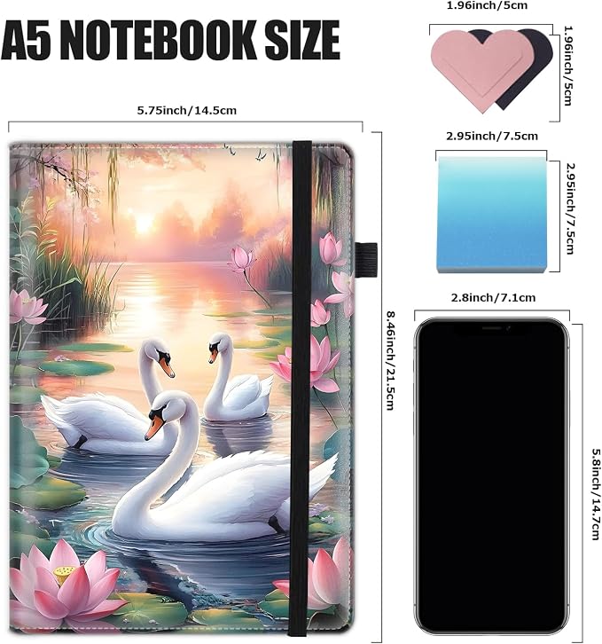 Hardcover Executive Notebooks, A5 PU Leather Lined Journal Notebook, 200 Pages Thick Paper Subject Notebooks for School,Work,Home Writing Business Notebook, Diary Book ，White Swan and Lotus