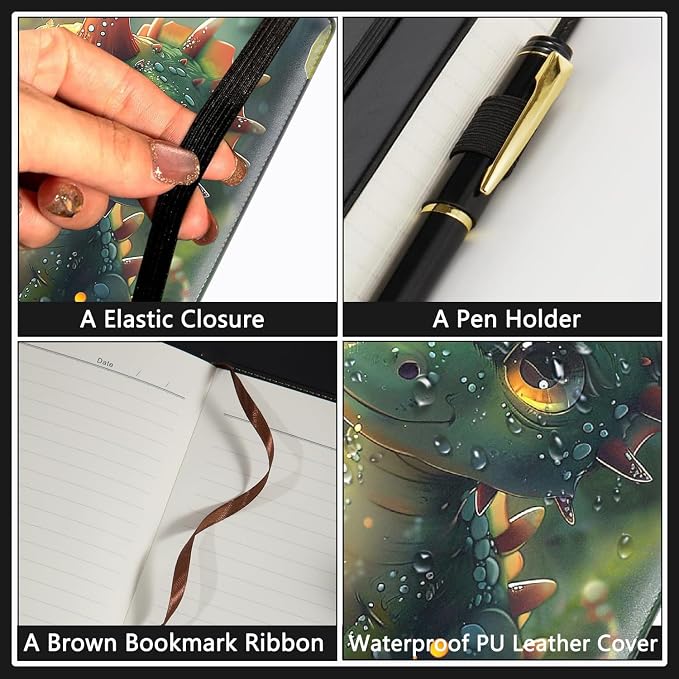 A5 Leather Lined Journal Notebook, 200 Pages Hardcover Executive Notebook for Men Women Office School Note Taking, Thick Writing Paper Daily Journal with Bookmarks/Indexes,Cute Baby Dinosaur