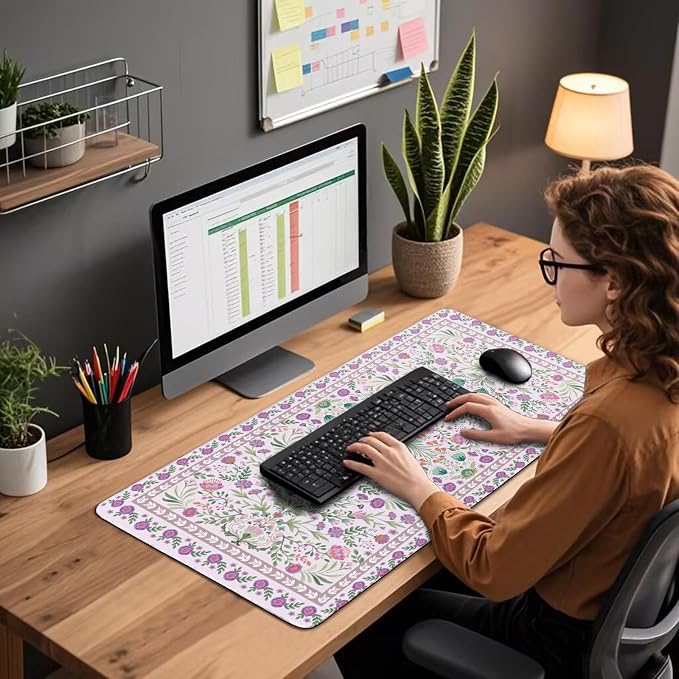 Purple Floral Desk Mat, 31.5"x15.7" Large Mouse Pad, Anti-Slip Rubber Base Keyboard Pad with Stitched Edges, Water-Resistant Smooth Desk Blotter, Computer Mat for Home Office Desk