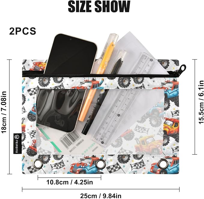 Binder Pencil Pouches Cartoon Monster Truck Pattern Pen Case | Clear Window 3 Rings, Cosmetic Bags School Office Supplies Cosmetic Makeup Bag 2 Psc