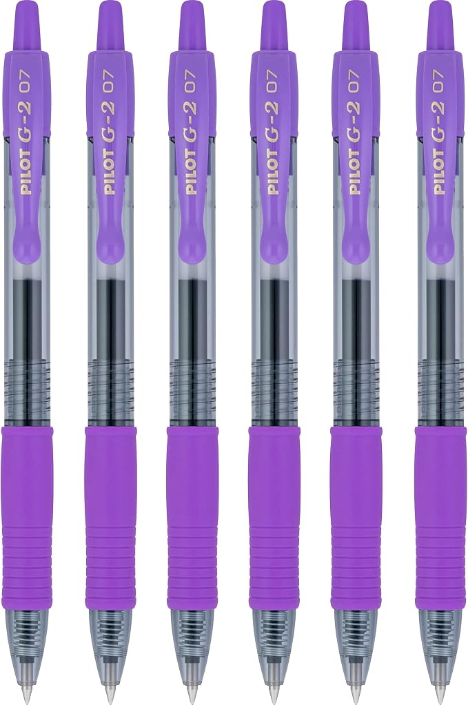 Pilot G2 Retractable Rollerball Gel Pens, Fine Point, 0.7mm, Purple Ink, 6 Count