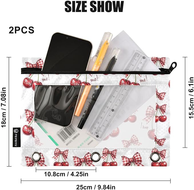 Gredecor 3 Ring Binder Pencil Pouch, Cherry Coquette Ribbon Bow (38) Zippered Pen Case Pouches with Clear Window, 2 Pack Stylish Office & School Supplie