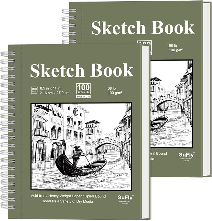 Sketch Book 8.5"x11", Spiral Sketchbook Pack of 2, SuFly 200 Sheets (68 lb/100gsm) Acid Free Sketch Pads for Drawing for Adults Spiral Bound with Hard Cover for Kids & Adults, 100 Sheets Each