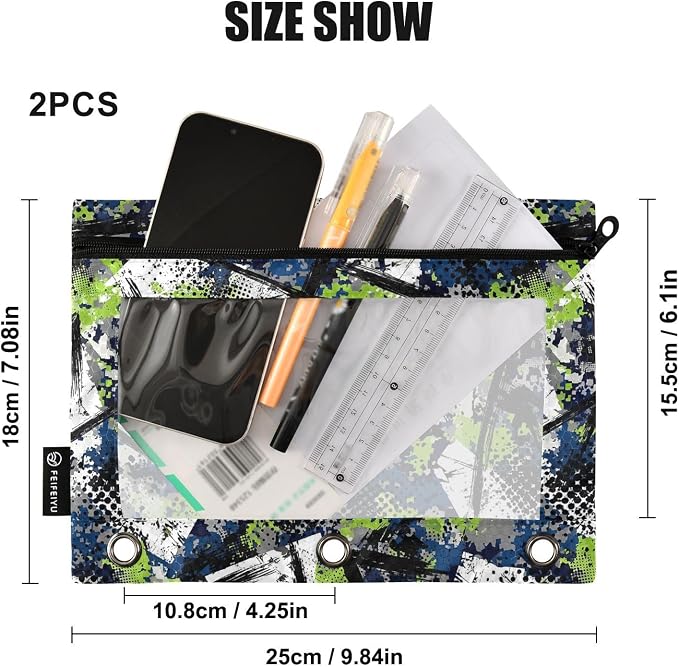 Gredecor Binder Pencil Pouch 3 Ring Grunge Camouflage Chaotic Zipper Pencil Pouches Case 2 Pack Clear Binder Organizer for School Office