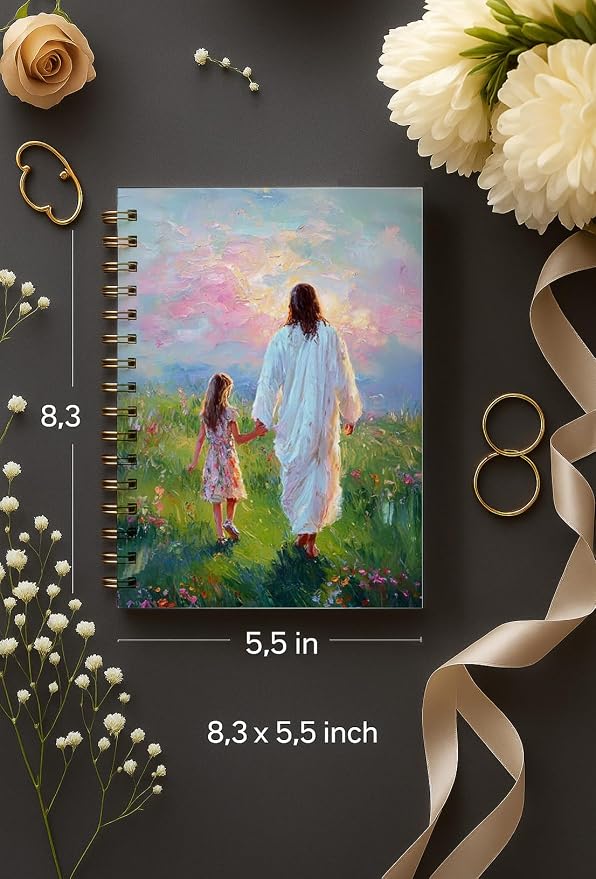 bitCNY Jesus and Child Notebook 8.3x5.5 Inch – Walking with Jesus Spiral Journal, Christian Gift for Girls, Lined Notebook for Faith Reflections