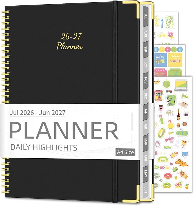 Academic Planner 2026-2027, 8.5" x 11", Hardcover Weekly Planner, Black | Calendar Planner July 2026 - June 2027, Agenda Book with Tabs, Inner Pocket and Sticker for Office & School, A4