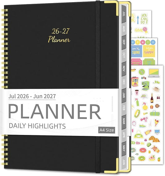 Academic Planner 2026-2027, 8.5" x 11", Hardcover Weekly Planner, Black | Calendar Planner July 2026 - June 2027, Agenda Book with Tabs, Inner Pocket and Sticker for Office & School, A4