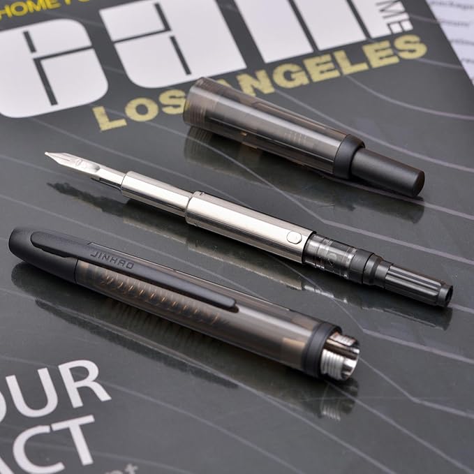 Jinhao 20 Press Fountain Pen, Transparent Black Retractable Extra Fine Nib with Ink Converter Set (Black Clip)