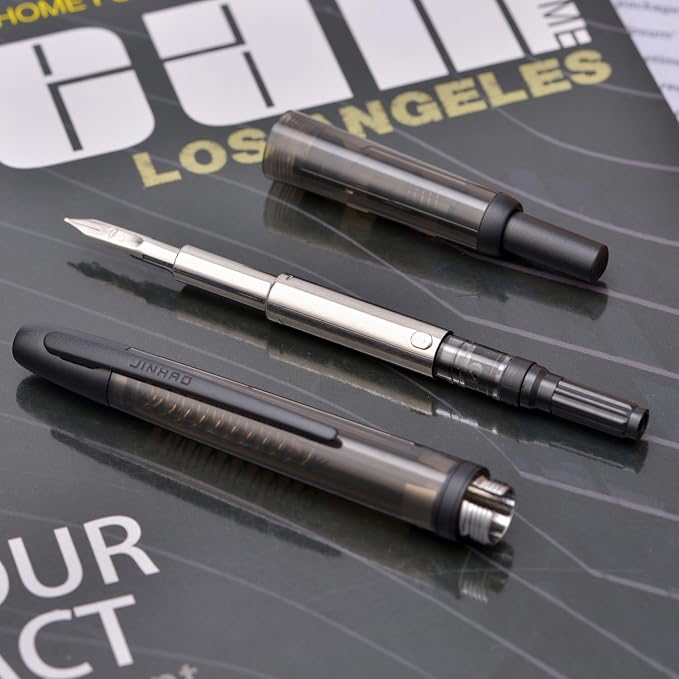 Jinhao 20 Press Fountain Pen, Transparent Black Retractable Fine Nib with Ink Converter Set (Black Clip)