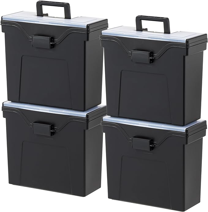 IRIS USA Slim Portable Letter/Legal File Tote Box, 4-Pack, Black | Carry letter and legal files, folders and paperwork with a slim portable design for organized storage on the go