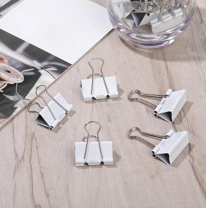 Jetec 300 Pack 1.25in/32mm White Metal Binder Clips Bulk Medium Reusable Fold Back Binder Clips Paper Clamps Spring Steel Sturdy for Home Office School Supplies