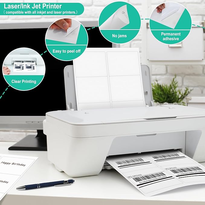 L LIKED 3-1/3" x 4" Shipping Labels 30 Sheets, Total 180 Printable White Sticker Labels, Laser/Inkjet Printing - Matte