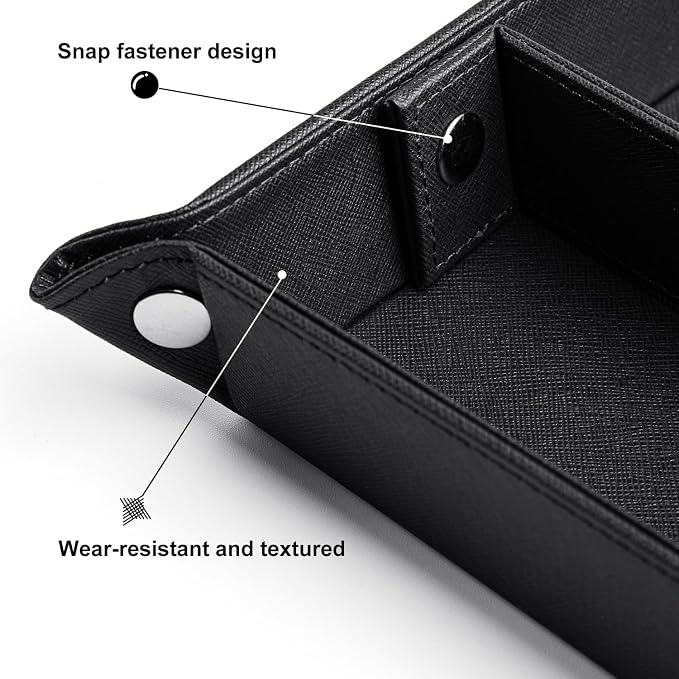 Valet Tray for Men PU Leather Tray Organizer with Partition Luxurious | Night Stand During Trays Storage Keys, Watch & Practical Storage for Table Nightstand Living Room Bedroom (Black)