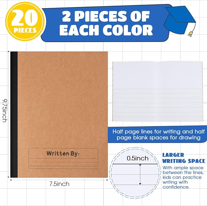 Henoyso 20 Pack Primary Composition Notebook, 9-3/4" x 7-1/2", Kids Primary Journal, K-2 Writing Notebook for Kids Student Draw Write Story Journal Half Blank Books(Black)