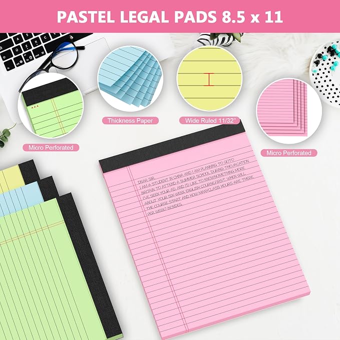 3 Pack Legal Pads 8.5 x 11 Colored Note Pad 8.5 x 11 Notepads Wide Ruled | Writing Pad 8.5 x 11 Pink Legal Pad Paper Tablets 8-1/2 x 11 Lined Paper 30 Sheets/Pad Notepad 8.5 x 11 with Sturdy Backboard