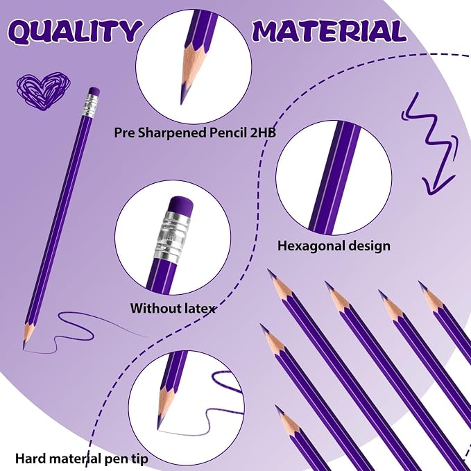 24PCS Erasable Colored Pencils with Eraser Pre Sharpened Pencil 2 HB - Ideal for Checking, Grading, Tests & Office/School Supplies (Purple)