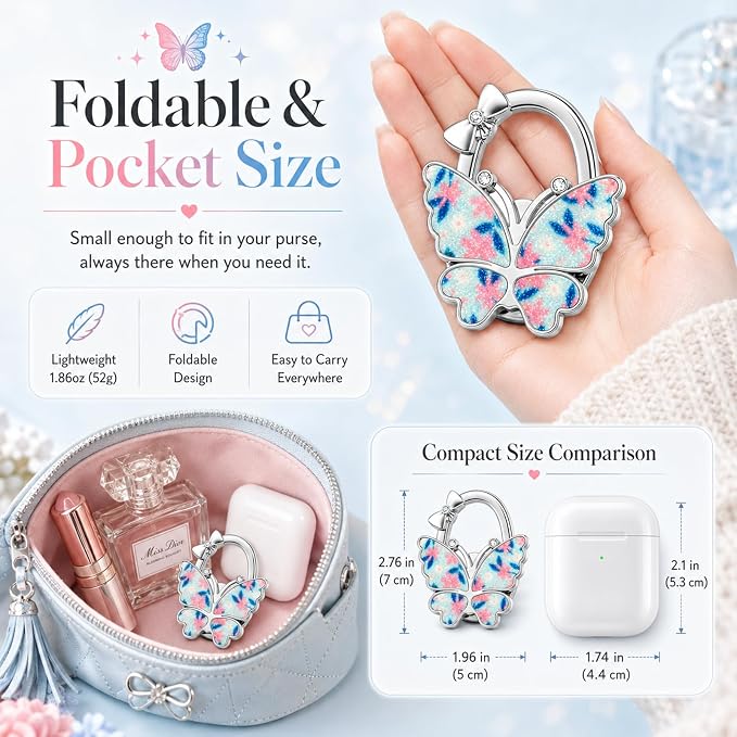 Purse Hook for Table, Foldable Handbag Hanger for Women, Portable Bag Holder with Non-Slip Base, Cute Flower Blue Glitter Butterfly Purse Table Hook for Restaurant Office Travel Gift