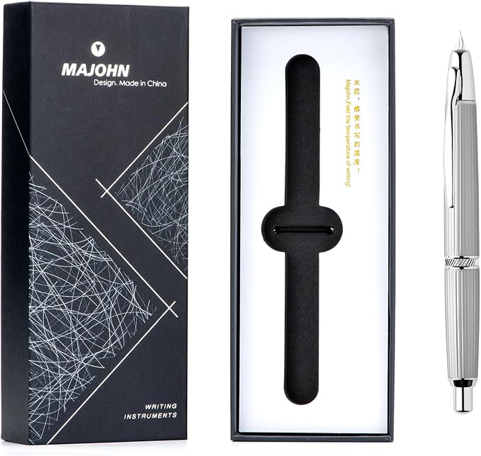 erofa Majohn A1 Retractable Fountain Pen with Box, Press Extra Fine Nib Metal White Stripe Ink Pen with Converter Writing Set (With Clip Version)