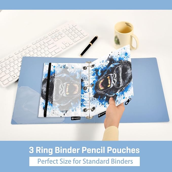 King Kong Blue Face Pencil Pouch for 3 Ring Binder 2 Pack Zipper Binder Pencil Bag Case with Clear Window Office Supplies