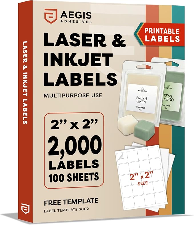2x2 Inches Square Labels, Printable Custom Labels, Business Logo Stickers, Small QR Codes for Laser & Inkjet Printers, Matte White - Aegis Adhesives Template S002 (100 Sheets, 2000 Stickers)
