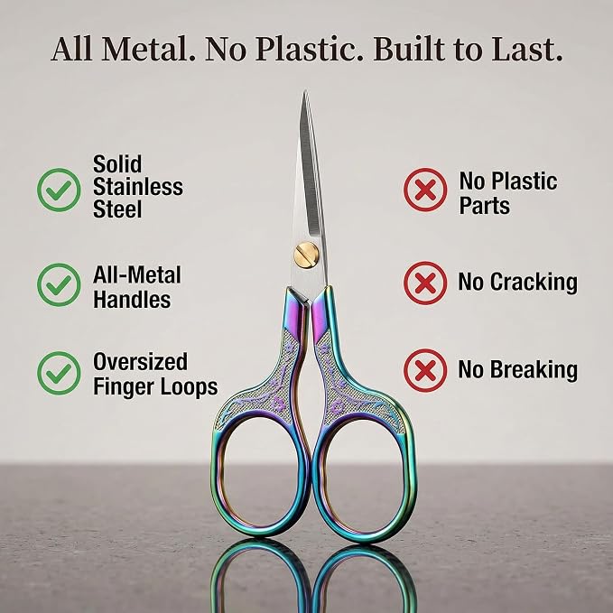 Rainbow Iridescent Scissors for Lace Wigs, 5 Inch Vintage Sharp Embroidery Snips for Needlepoint, Beautiful Metal Sewing Scissors for Fabric & Crafts, Ornate Pattern Scissors with Leather Sheath