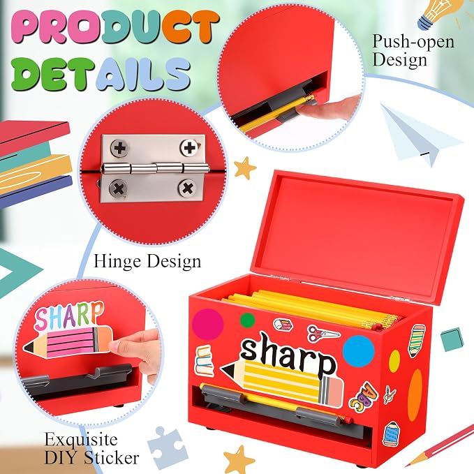 Mifoci 8 Pcs Wooden Pencil Dispenser Kit for Classroom Wooden Pen Holder Straw Dispenser Sharp and Dull Letter Stickers for Teachers Classroom Supplies Storage (Red)