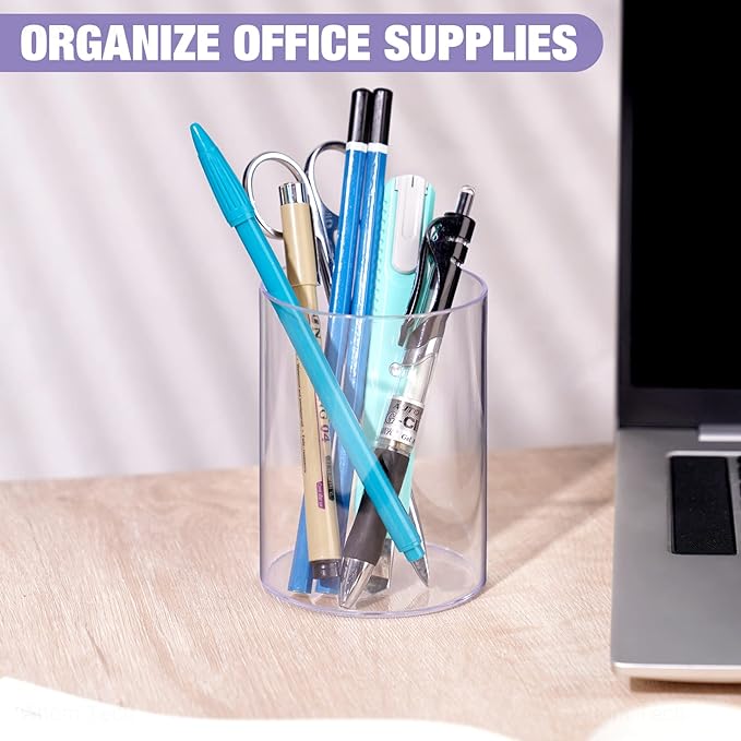 Clear Acrylic Desk Organizer Set - 9 Pack Pen Pencil Holder, Stylish Round Makeup Brush and Stationery Storage Container, Ideal for Home, School and Office Supplies