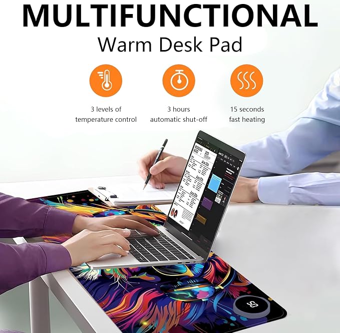 Heated Mouse Pad with 3 Levels Heated & 3 Hours Auto Shut-Off Mouse Pad for Warming Hands in Office Home, 23.6" x 14.2"Large Safe Desk Mat Hand Warmer，Lion with Headphones