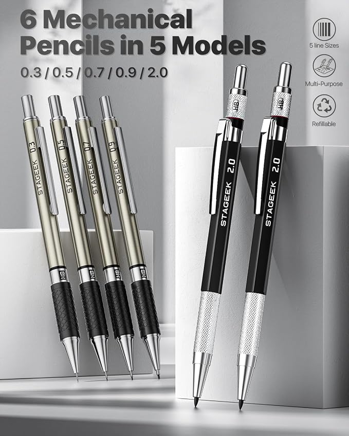 STAGEEK Mechanical Pencil Set with Case 37 Count, Drawing Pencils 0.3, 0.5, 0.7, 0.9MM & 2PCS 2MM Sketching Pencils with 492PCS Lead Refills (6B 4B 2B HB 2H 4H Color) for Artist Drafting Drawing