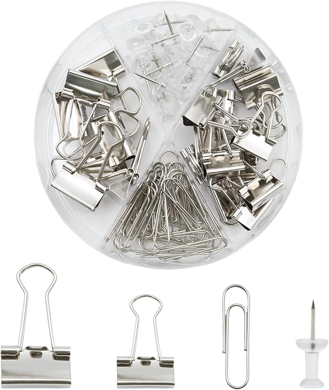 Office Supplies Set, Paper Clips, Push Pins and Binder Clips Set with Box for Office, School and Home(Silver)