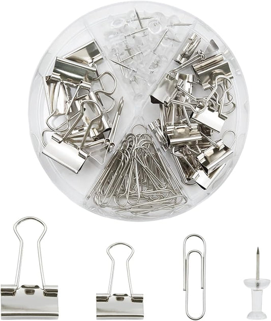 Office Supplies Set, Paper Clips, Push Pins and Binder Clips Set with Box for Office, School and Home(Silver)