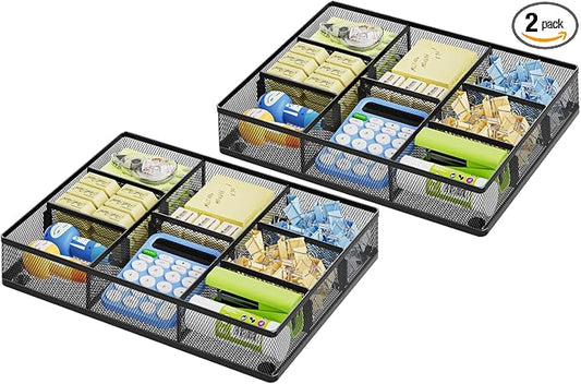 Marbrasse 2Pack Desk Drawer Organizer, Metal Mesh Drawer Organizer Tray with 5 Adjustable Compartments,Desk Organizers and Accessories for Home,Office,Kitchen,Makeup,Vanity (Black)