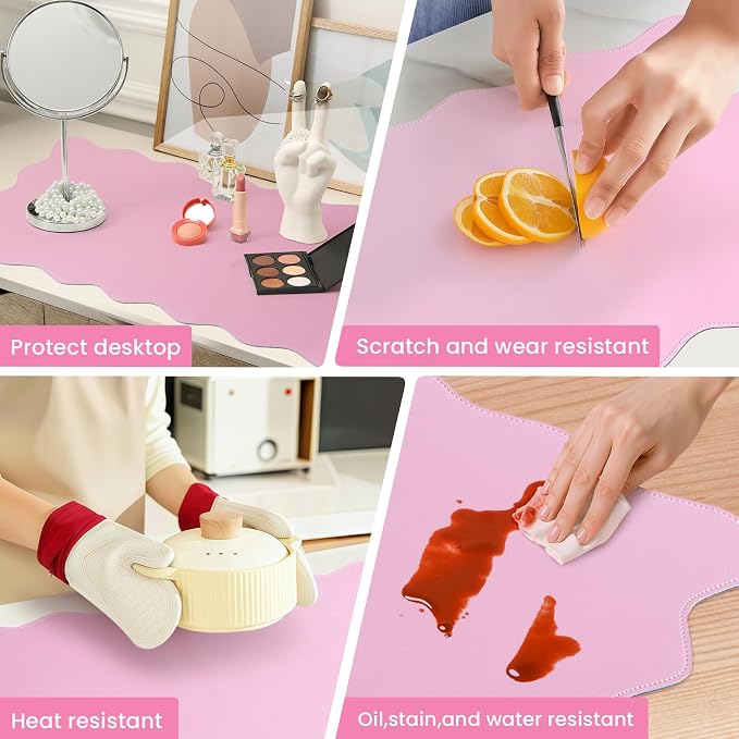 PU Leather Desk Pad, Scalloped Non-Slip Mouse Pad & Large Desk Mat Cover Stitched Edges Writing Pad for Office, Home - Waterproof, Easy to Clean, Durable Surface I 31.4"x15.7", Pink