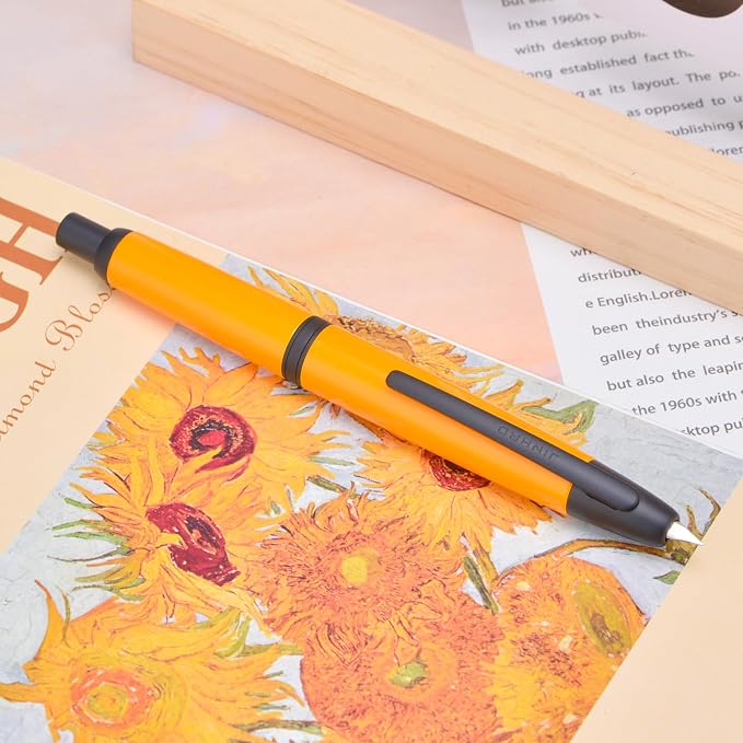 Jinhao 10 Press Fountain Pen with Box, Orange Retractable Medium Nib with Ink Converter Set (Black Clip)