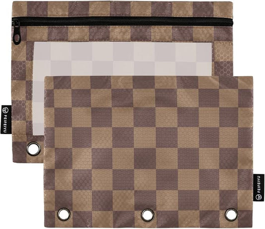 ALAZA Brown Checkerboard B Pencil Pouch for 3 Ring Binder 2 Pack Zipper Binder Pencil Bag Case with Clear Window Office Supplies