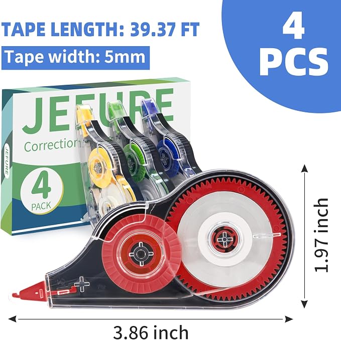 4 Pcs Colorful Correction Tape, 39.4 Ft White Tear-Resistant | Wrong Out Bulk, Instant Corrections Easy To Use Applicator, Tape Width 0.2 in Clear, for School Office, Note Taking, Journal