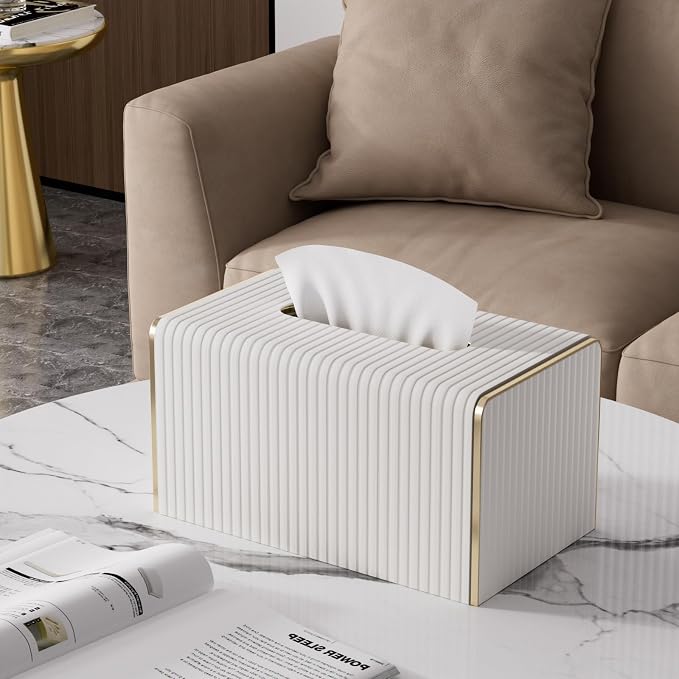 Extra Large Tissue Box Cover for Standard Size 180 to 230 Count Box of Tissues, PU Leather Rectangle Tissue Holder with Magnetic Closure， Gold-Tone Edging Decoration (Ivory)