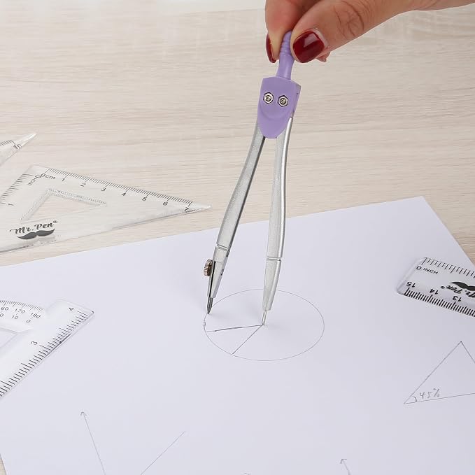 Mr. Pen- Geometry Set, 13 pcs, 3 Metal Compasses, Protractor, 6" Ruler | 45° & 30°/60° Set Squares, Pencils, Lead Refills, Sharpener & Eraser for Math, Drafting & Classroom Use | 45° & 30°/60° Set Squares, Pencils, Lead Refills, Sharpener & Eraser for ...