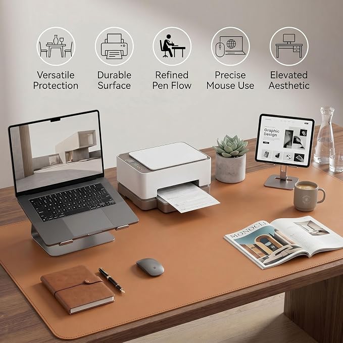 Large Desk Pad Non-Slip Desk Mat Protector for Keyboard Mouse Waterproof Vegan Leather Surface Faux Leather Laptop Mat Smooth Mouse Pad Premium Gift Tube Caramel Brown 23.6" x 13.7"