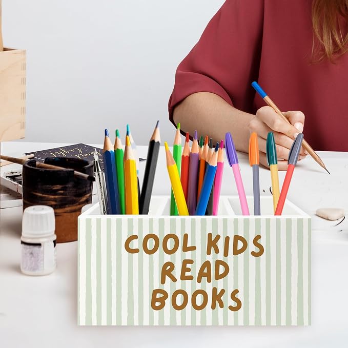 Cool Kids Read Books Pen Pencil Holder Organizer for Desk, Book Lover Reader Bookworm Gifts Wooden Box Signs Decorations for Reading Corner Nook Room Classroom Desk Tabletop, Reading Room Decor