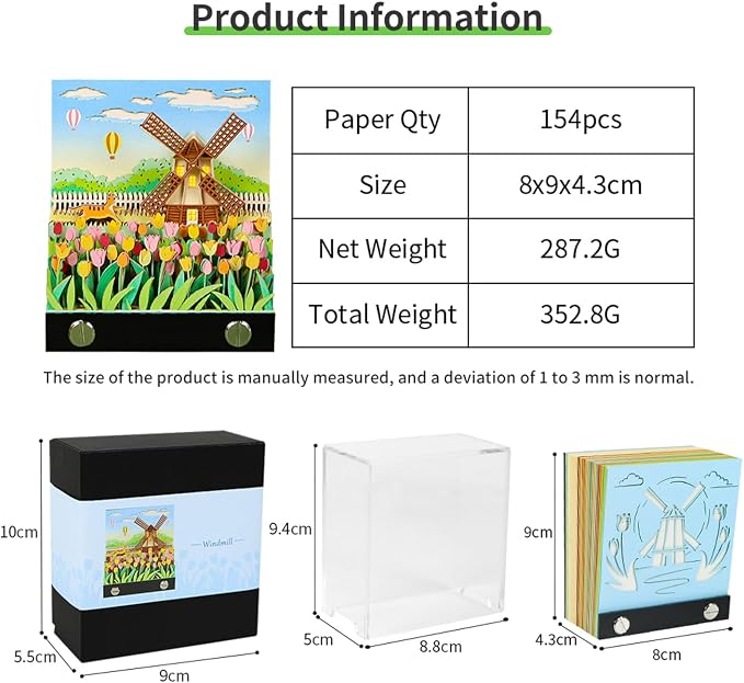 3D Memo Pad, Windmill 3D Notepad Paper Carving Non-Stick Sticky Notes Cute Silhouette, 3D Art Memo Pad Paper Art with Lights DIY Desk Decoration Gift