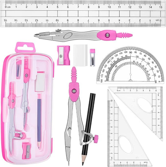 Zonon Math Geometry Set for Students 10 Pcs Compass Geometry Tools Kit Includes Protractor Compass Lead Refills Rulers Pencil Sharpener Eraser Pencil Storage Box for Drafting and Drawings(Pink)