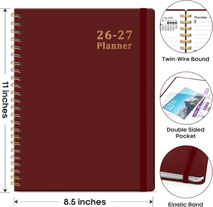 Planner 2026-2027, 8.5" x 11" Weekly and Monthly Academic Year Planner Calendar, July 2026 - June 2027, Hardcover Large School Planning Agenda With Tabs, Perfect for School & Office Supplies, A4, Burgundy