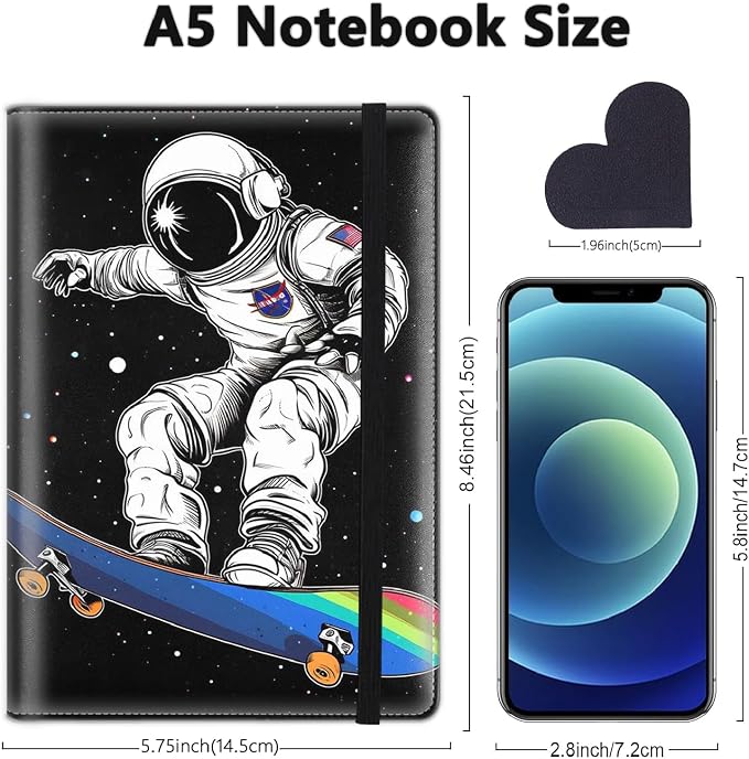 A5 Leather Lined Journal Notebook, 200 Pages Hardcover Executive Notebook for Men Women Office School Note Taking, Thick Writing Paper Daily Journal with Bookmarks/Indexes, Astronaut