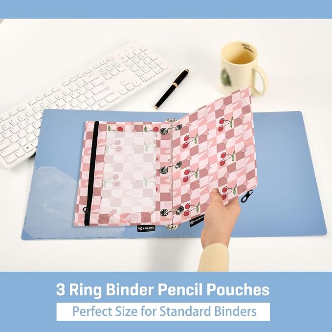 Gredecor 3 Ring Binder Pencil Pouch, Cherry Coquette Ribbon Bow (45) Zippered Pen Case Pouches with Clear Window, 2 Pack Stylish Office & School Supplie